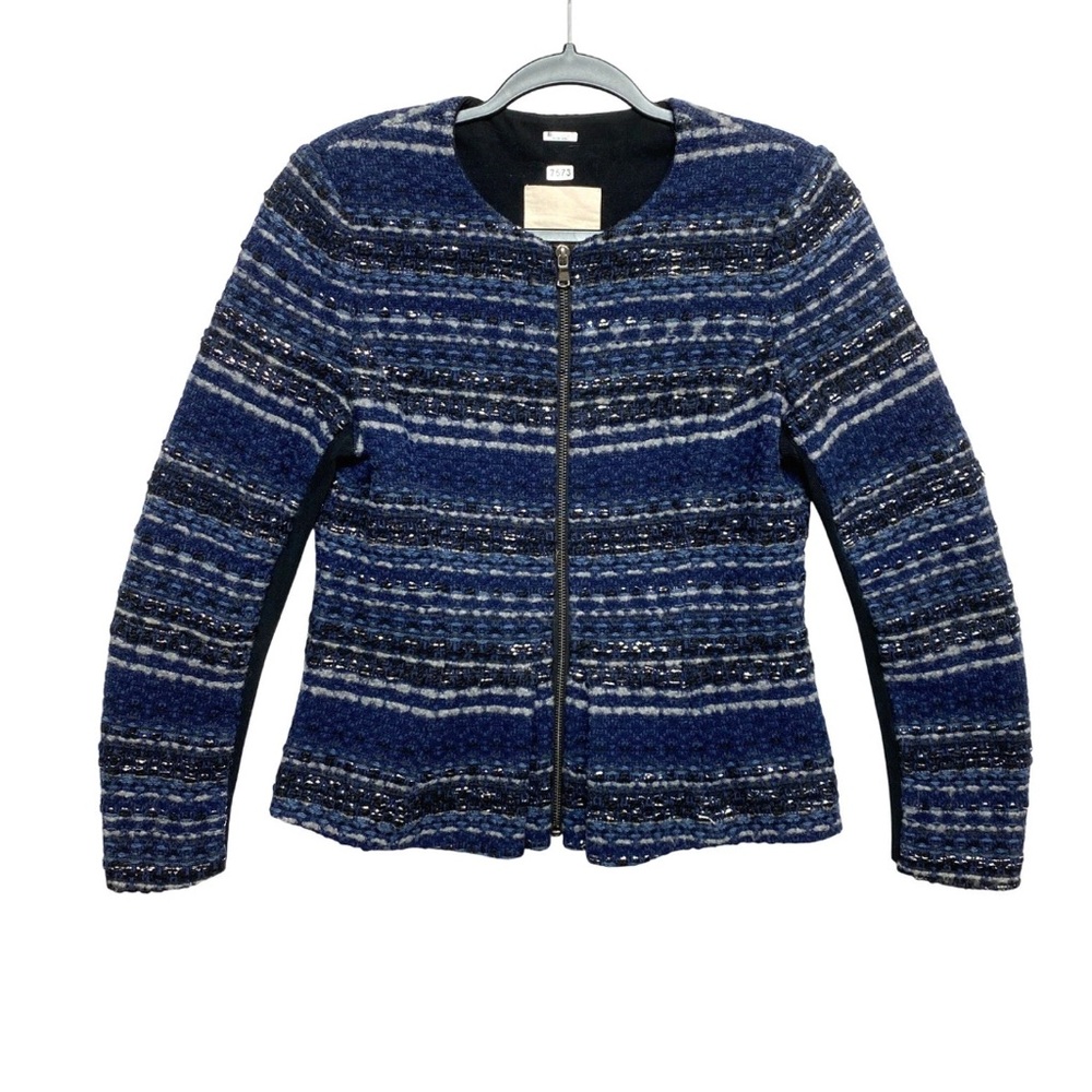 Rebecca Taylor Tweed Jacket Womens Size 6 Blue Black Metallic Zipper Full Zip